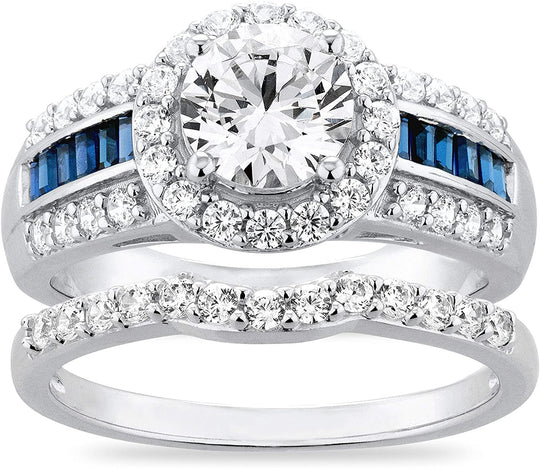 .925 Sterling Silver Round Cubic Zirconia & Baguette Cut Lab Created Blue Sapphire Halo Engagement Ring and Wedding Band Bridal Set