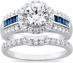 .925 Sterling Silver Round Cubic Zirconia & Baguette Cut Lab Created Blue Sapphire Halo Engagement Ring and Wedding Band Bridal Set