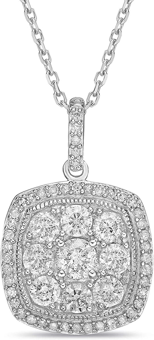 .925 Sterling Silver & 1.0 Cttw Diamond Cluster with Halo Milgrain Vintage Square Cushion Shaped Pendant Necklace - 20” (I-J Color, I2-I3 Clarity)