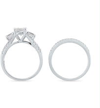 .925 Sterling Silver & Asscher Cut Cubic Zirconia 3 Stone Cathedral Style Engagement Ring and Half Eternity Style Wedding Band Bridal Set