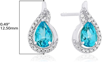 .925 Sterling Silver Pear-Shaped Birthstone & Lab Grown White Sapphire or CZ Teardrop Stud Earrings - Choice of Gem Color/Month