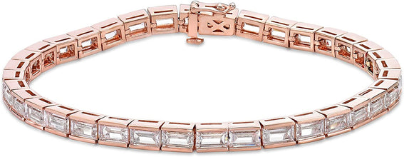 14K Rose Gold Plated .925 Sterling Silver & Baguette Cut White Cubic Zirconia Channel Set Link Tennis Bracelet - 7-1/4