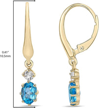 14K Yellow Gold Plated .925 Sterling Silver Oval Cut Birthstone & Created White Sapphire Leverback Dangle Earrings - Choice of Birthstone/Month