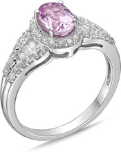 .925 Sterling Silver, Lab-Grown Oval Gemstone & Round + Baguette Cut Lab-Grown White Sapphire Halo Flared Band Engagement Ring - Choice of Gem Color