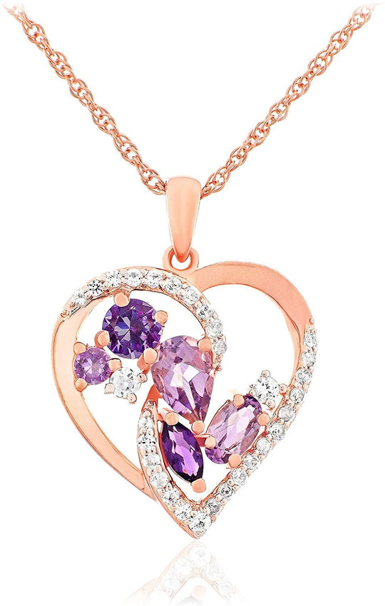 14K Rose Gold Plated .925 Sterling Silver Purple Amethyst, Rose de France, and Lab Grown White Sapphire Twist Heart Pendant Necklace - 20”