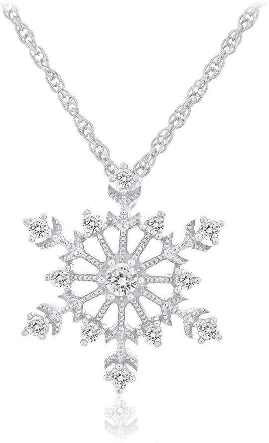 .925 Sterling Silver & White Cubic Zirconia Milgrain Snowflake 20" Rope Chain Pendant Necklace