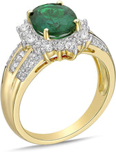 10K Yellow Gold, Lab Created Oval Gemstone & Lab Created White Sapphire Starburst Halo Fluted Cathedral Style Engagement Ring - Choice of Color