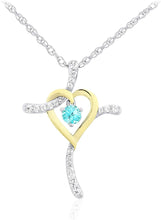 Two Tone 14K Yellow Gold Plated .925 Sterling Silver, Dangling Gemstone & Lab Grown White Sapphire Heart Cross Pendant Necklace 20” - Choice of Color