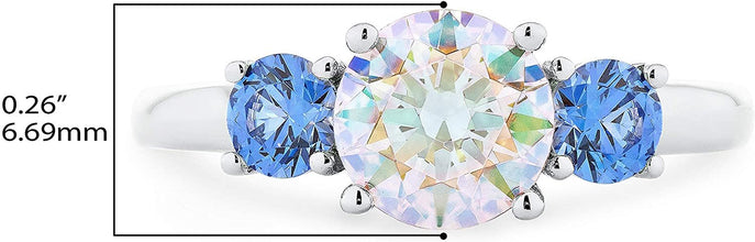 .925 Sterling Silver Round Brilliant Cut Aurora Borealis Cubic Zirconia & Fancy Blue Swarovski Cubic Zirconia Three Stone Engagment Ring