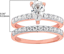 10K Rose Gold & Pear Shape Cubic Zirconia Solitaire on Half Eternity Band Engagement Ring and Wedding Band Bridal Set