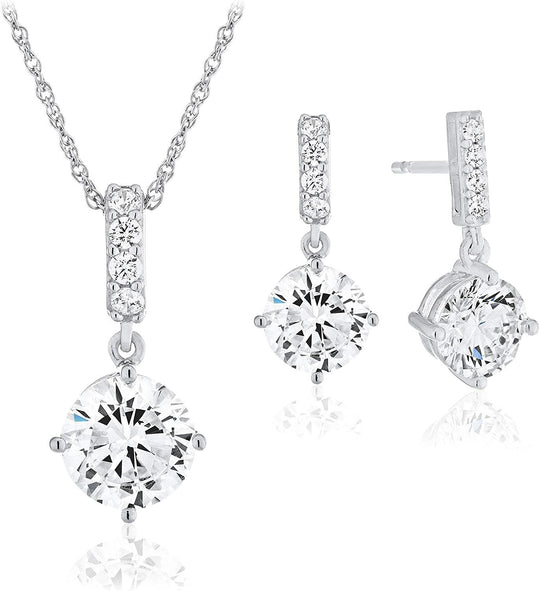 .925 Sterling Silver Cubic Zirconia Dangle Earrings and Pendant Necklace on 18" Rope Chain Set