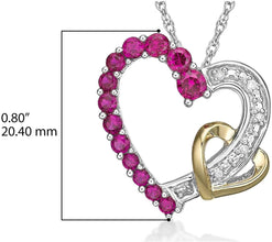 10K Yellow Gold and .925 Sterling Silver Lab Grown Ruby & Diamond Hearts Pendant Necklace on 18