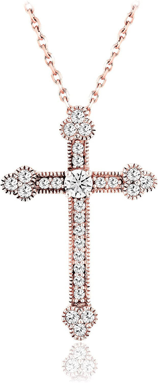 10K Rose Gold 1/2 Cttw Lab Grown Diamond Milgrain Trinity Cross Pendant Necklace on 18" Cable Chain (G-H Color, SI1-SI2 Clarity)