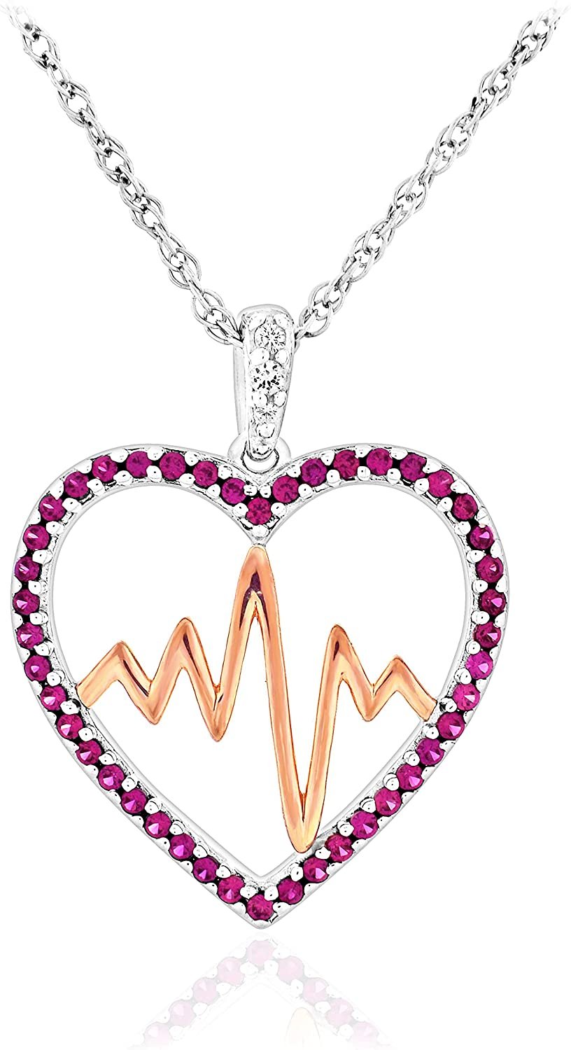 14K Gold Plated .925 Sterling Silver Round Created Ruby and Created White Sapphire Two Tone Heartbeat Heart Pendant Necklace - 18"