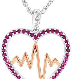 14K Gold Plated .925 Sterling Silver Round Created Ruby and Created White Sapphire Two Tone Heartbeat Heart Pendant Necklace - 18"