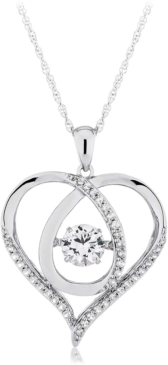 .925 Sterling Silver & Lab Created White Sapphire Dancing Heart Pendant Necklace with Fine Rope Chain - 18”