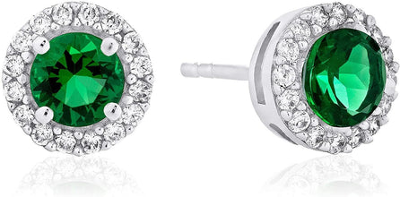 .925 Sterling Silver Birthstone and Lab Grown White Sapphire or CZ Halo Stud Earrings - Choice of Gem Color/Month