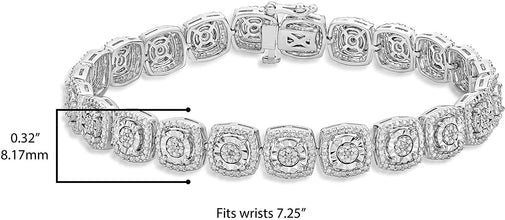 .925 Sterling Silver & 1/10 Cttw Diamond Miracle Set Square Cushion Shaped Halo Link Tennis Bracelet - 7-1/4