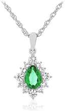 .925 Sterling Silver, Pear Cut Lab-Grown Emerald & Round Lab-Grown White Sapphire Halo Teardrop 18” Pendant Necklace
