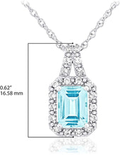 .925 Sterling Silver, Emerald Cut Blue Aquamarine & Cubic Zirconia Halo Split Bail Pendant Necklace with Delicate Rope Chain - 18”