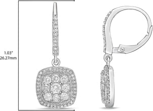 .925 Sterling Silver & 1.0 Cttw Diamond Cluster with Halo 1” Square Cushion Shaped Leverback Dangle Earrings (I-J Color, I2-I3 Clarity)