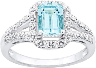 .925 Sterling Silver, Emerald Cut Blue Aquamarine & Cubic Zirconia Halo Tapered Split Shank Engagement Ring