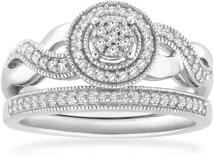 .925 Sterling Silver 1/4 Cttw Diamond Cluster Halo Milgrain Eternity Twist Engagement Ring & Wedding Band Bridal Set (H-I Color, I1-I2 Clarity)