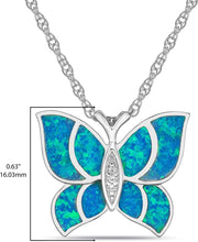.925 Sterling Silver, Lab Grown Blue Green Opal Inlay & Lab Grown White Sapphire Butterfly Pendant Necklace with Rope Chain - 20”