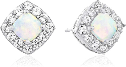 .925 Sterling Silver, Cushion Shaped Lab Created White Opal Cabochon & Lab Created White Sapphire 3/8