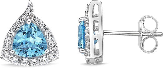 .925 Sterling Silver Trillion Cut Birthstone & Created White Sapphire Halo Stud Earrings - Choice of Birthstone/Month