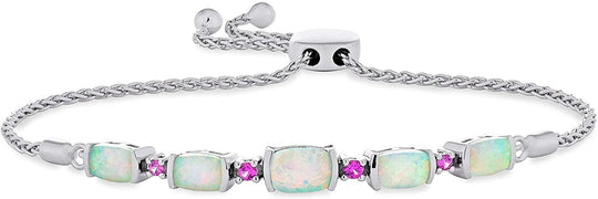 .925 Sterling Silver Five Station Elongated Cushion and Round Gemstone Adjustable Bolo Bracelet - 5” to 9-1/4” - Choice of Natural and Lab-Grown Stones