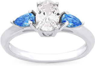 .925 Sterling Silver, Oval Cut White Cubic Zirconia & Fancy Blue Pear Cut Swarovski Zirconia Three Stone Anniversary or Engagement Ring