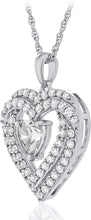 .925 Sterling Silver Heart Cut and Round Cubic Zirconia Heart Inside Double Row Halo Frame with Delicate Rope Chain Necklace - 18”