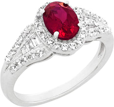 .925 Sterling Silver, Lab-Grown Oval Gemstone & Round + Baguette Cut Lab-Grown White Sapphire Halo Flared Band Engagement Ring - Choice of Gem Color