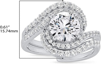 .925 Sterling Silver Round Cubic Zirconia Bypass Halo Engagement Ring & Guard Style Wrap Wedding Ring Bridal Set