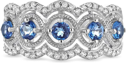 .925 Sterling Silver Natural London Blue Topaz & Lab Created White Sapphire Anniversary Band Ring