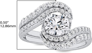 .925 Sterling Silver Round Cubic Zirconia Bypass Halo Engagement Ring & Guard Style Wrap Wedding Ring Bridal Set