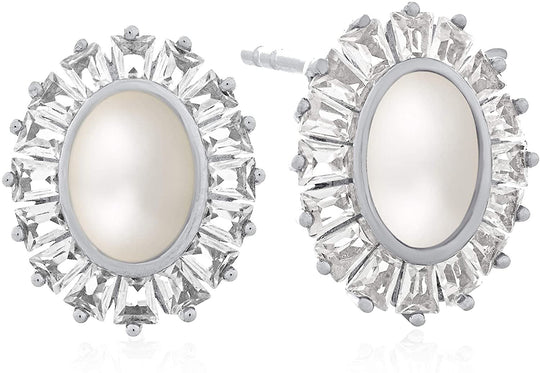 .925 Sterling Silver, 7-7.5mm Oval Freshwater Cultured White Pearl & Trapezoid Shaped Lab-Grown White Sapphire Halo Pushback Stud Earrings