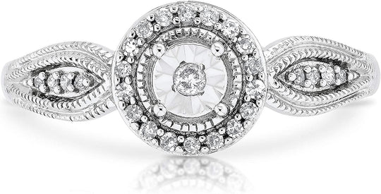 .925 Sterling Silver 1/8 Cttw Diamond Miracle Set Halo Milgrain Promise Ring with Flared Band (I-J Color, I2-I3 Clarity)