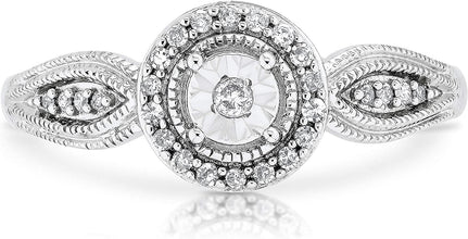 .925 Sterling Silver 1/8 Cttw Diamond Miracle Set Halo Milgrain Promise Ring with Flared Band (I-J Color, I2-I3 Clarity)