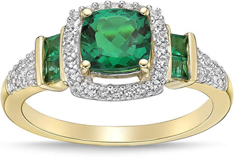 10K Yellow Gold, Cushion and Princess Cut Lab Created Gemstone & Lab Created White Sapphire Halo Fluted Engagement Ring - Choice of Color