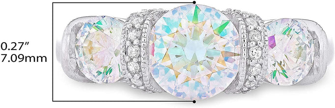 .925 Sterling Silver Round Brilliant Cut Aurora Borealis Cubic Zirconia Three Stone Engagment Ring