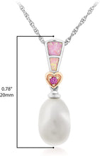 Rose Gold Plated .925 Sterling Silver, 12.0mm Oval Freshwater Cultured Pearl, Lab-Grown Pink Opal/Pink Sapphire 3/4” Heart Pendant Necklace - 18”