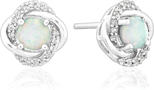 .925 Sterling Silver, Lab-Grown White Opal Cabochon & Lab-Grown White Sapphire 3/8" Oval Orbit Spiral Halo Stud Earrings