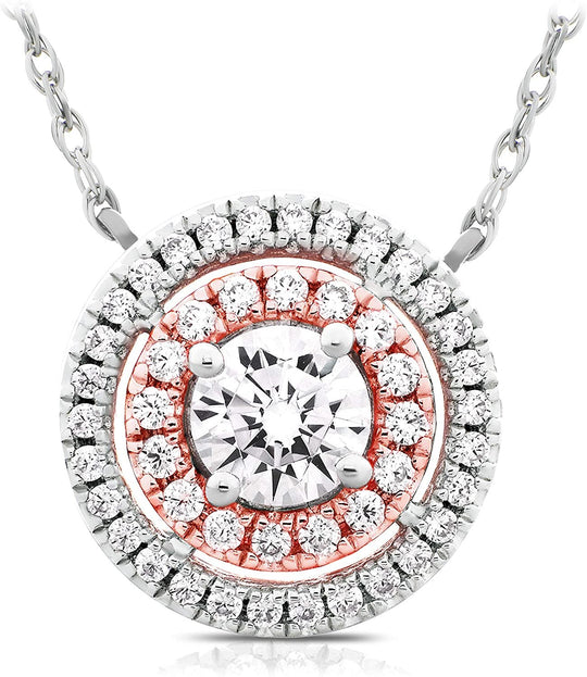 14K Rose Gold Plated .925 Sterling Silver Cubic Zirconia Two Toned Round Double Halo Necklace with 18" Rope Chain