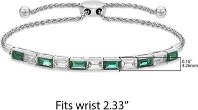 .925 Sterling Silver, Baguette Cut Lab Grown Emerald & Lab Grown White Sapphire Channel Set Alternating Stone Adjustable Bolo Bracelet - 6”-9-1/2”