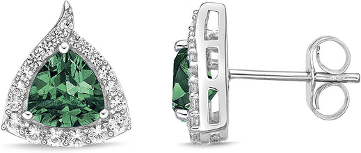.925 Sterling Silver Trillion Cut Birthstone & Created White Sapphire Halo Stud Earrings - Choice of Birthstone/Month