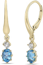 14K Yellow Gold Plated .925 Sterling Silver Oval Cut Birthstone & Created White Sapphire Leverback Dangle Earrings - Choice of Birthstone/Month