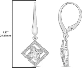 .925 Sterling Silver Round Cut Cubic Zirconia Square Halo Leverback Dangle Earrings