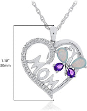 .925 Sterling Silver Amethyst & Created Opal Heart Shape 'Mom' Butterfly Pendant Necklace with Cubic Zirconias on 18